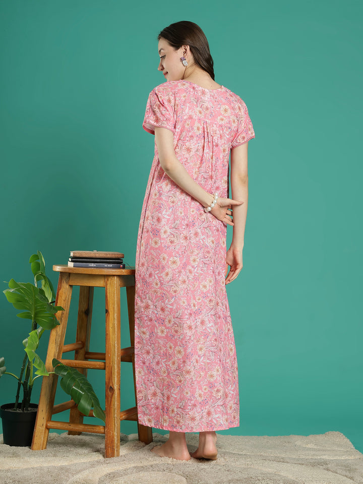 Peach pink hakoba cotton viscose nighty for women