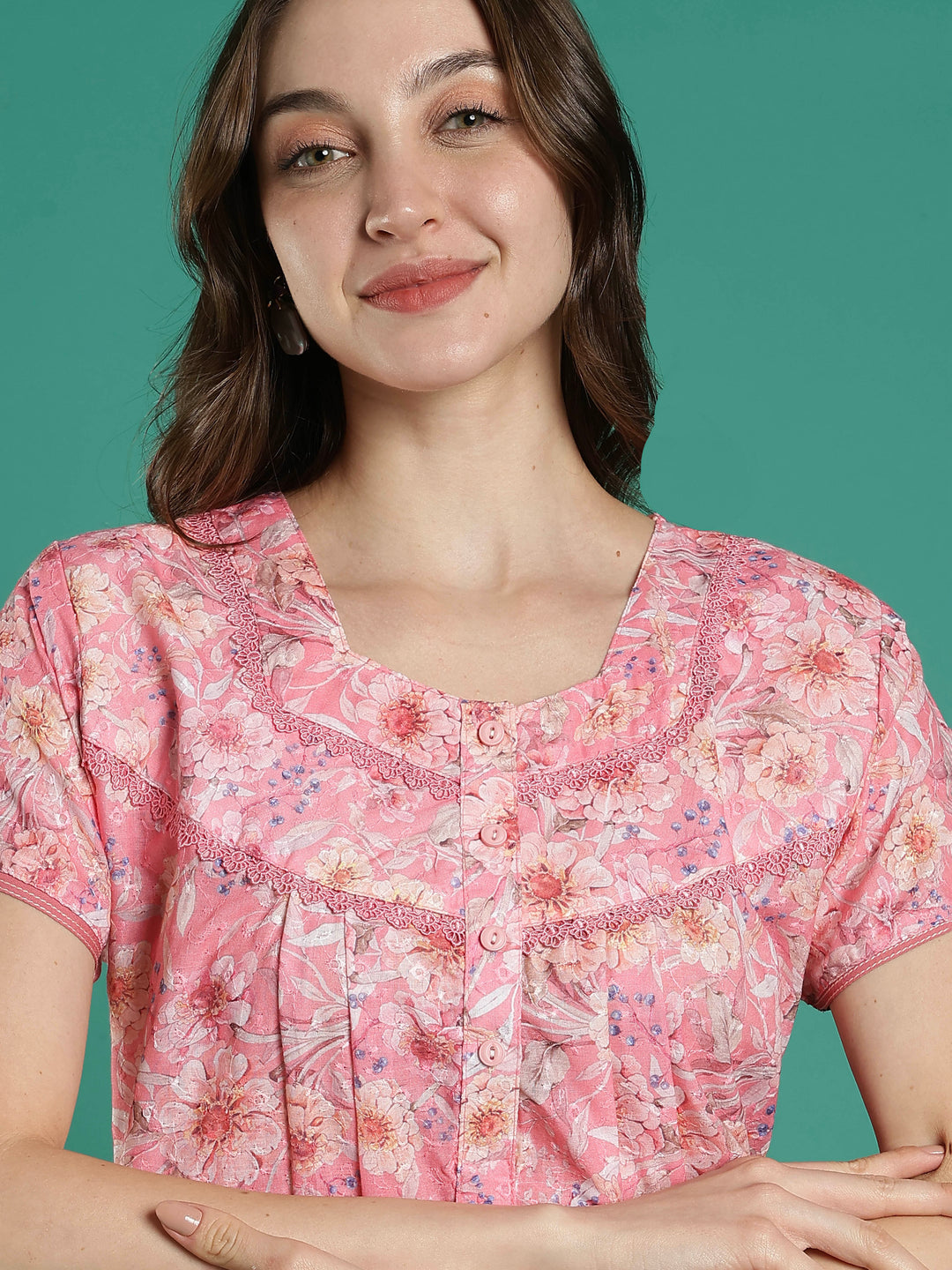 Peach pink hakoba cotton viscose nighty for women