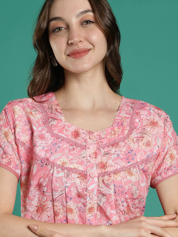 Peach pink hakoba cotton viscose nighty for women