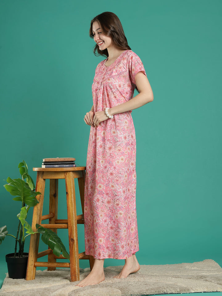 Peach pink hakoba cotton viscose nighty for women