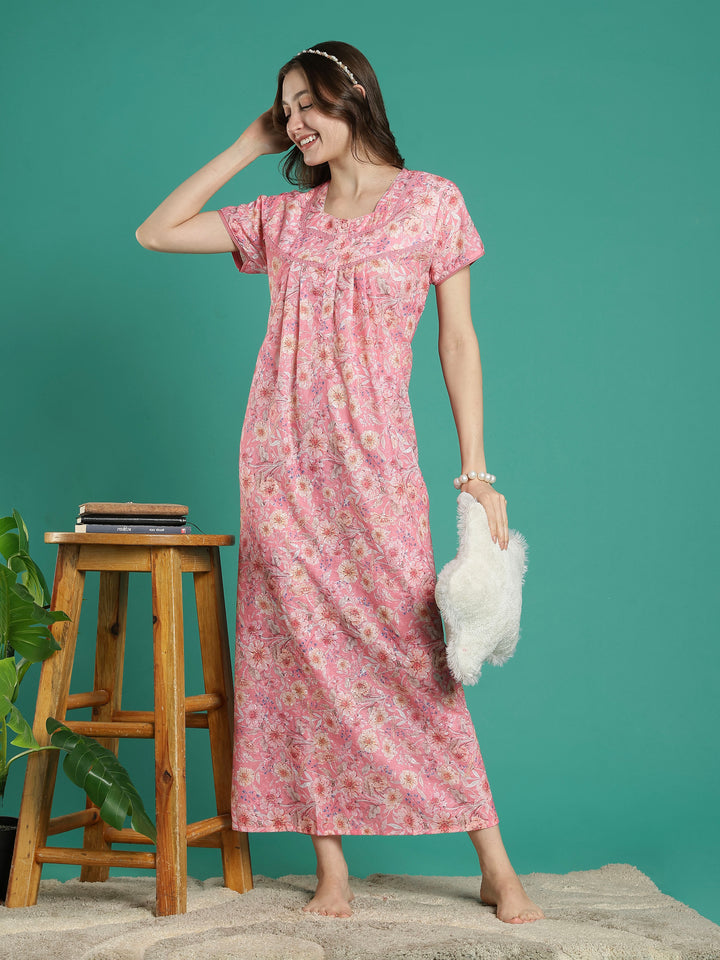 Peach pink hakoba cotton viscose nighty for women