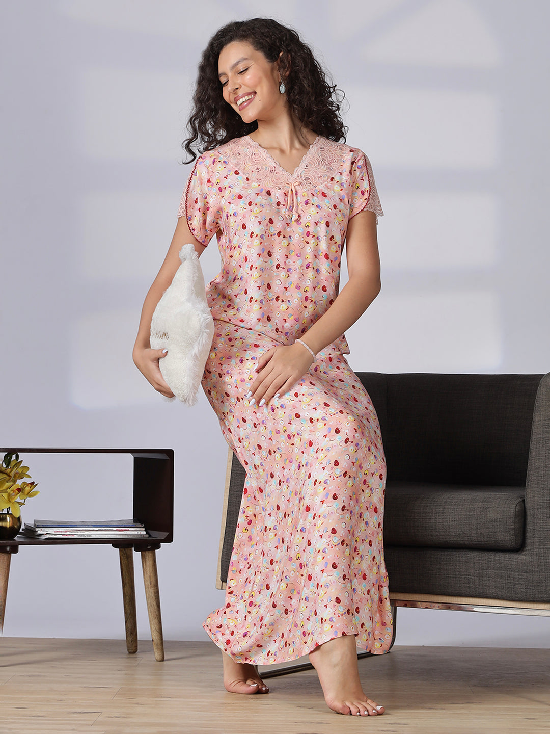 Floral print peach pink nighty for women with lace detail in rayon