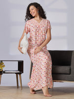 Rayon Floral A Line Peach Pink Nighty with Scallop Lace and Pocket