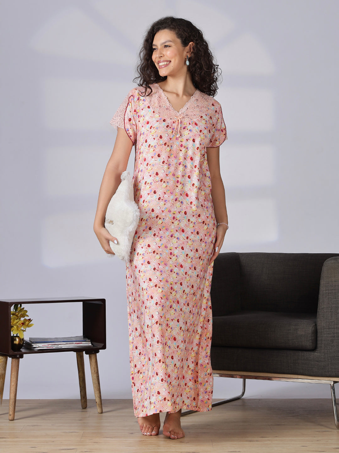 Floral print peach pink nighty for women with lace detail in rayon