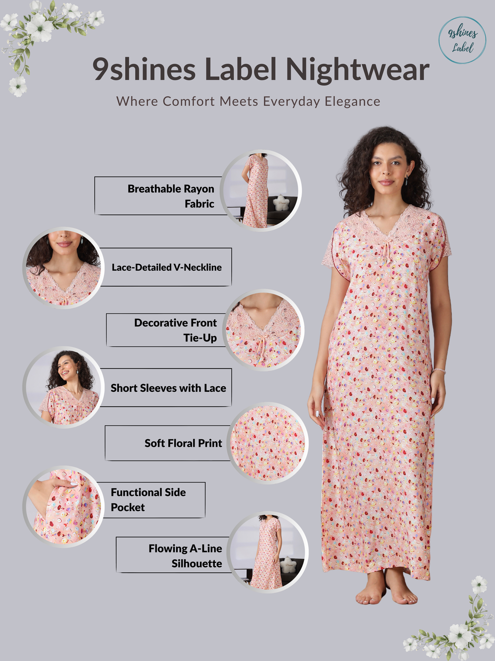 Floral print peach pink nighty for women with lace detail in rayon