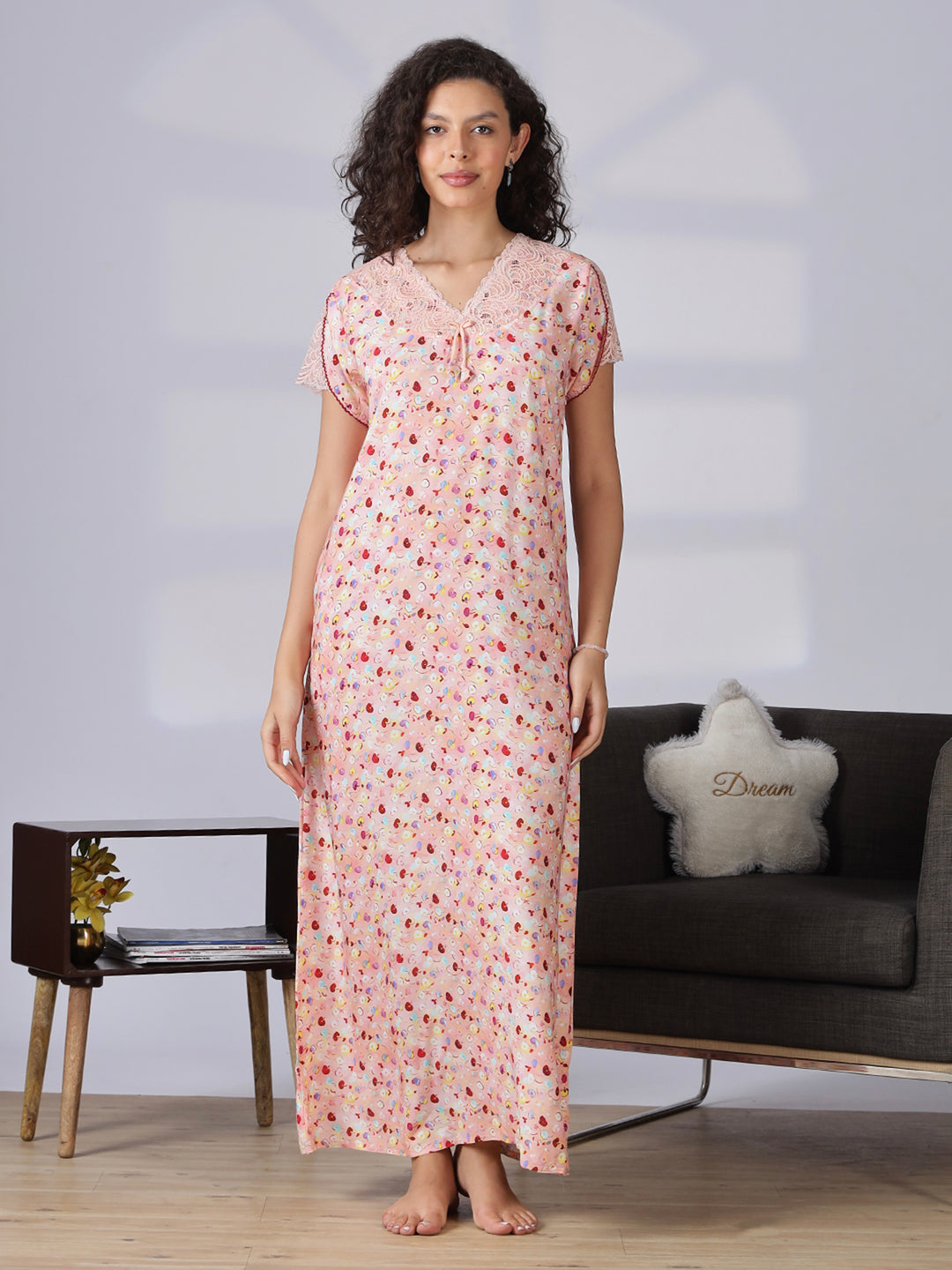 Floral print peach pink nighty for women with lace detail in rayon