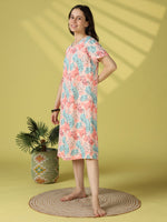Abstract Botanical Print Gloss Malai Short Nighty with Side Pocket