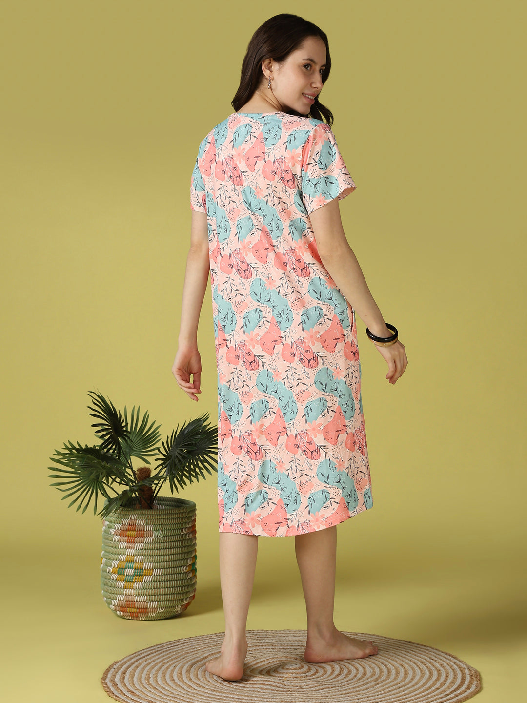 Peachy sketch botanical print short nightdress for women