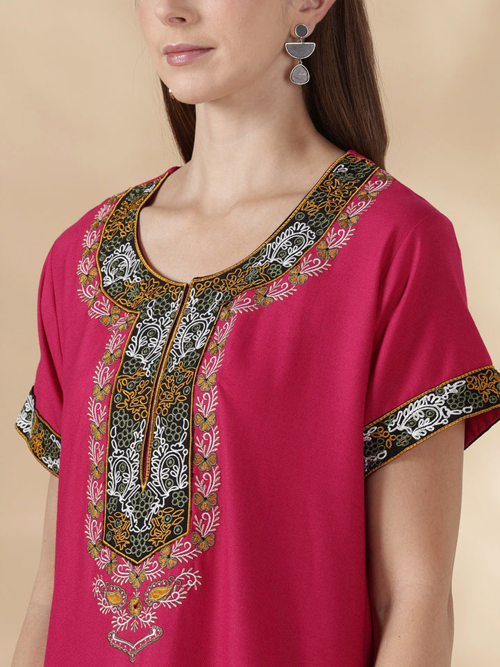 Heritage style alpine embroidered womens pink nighty dress