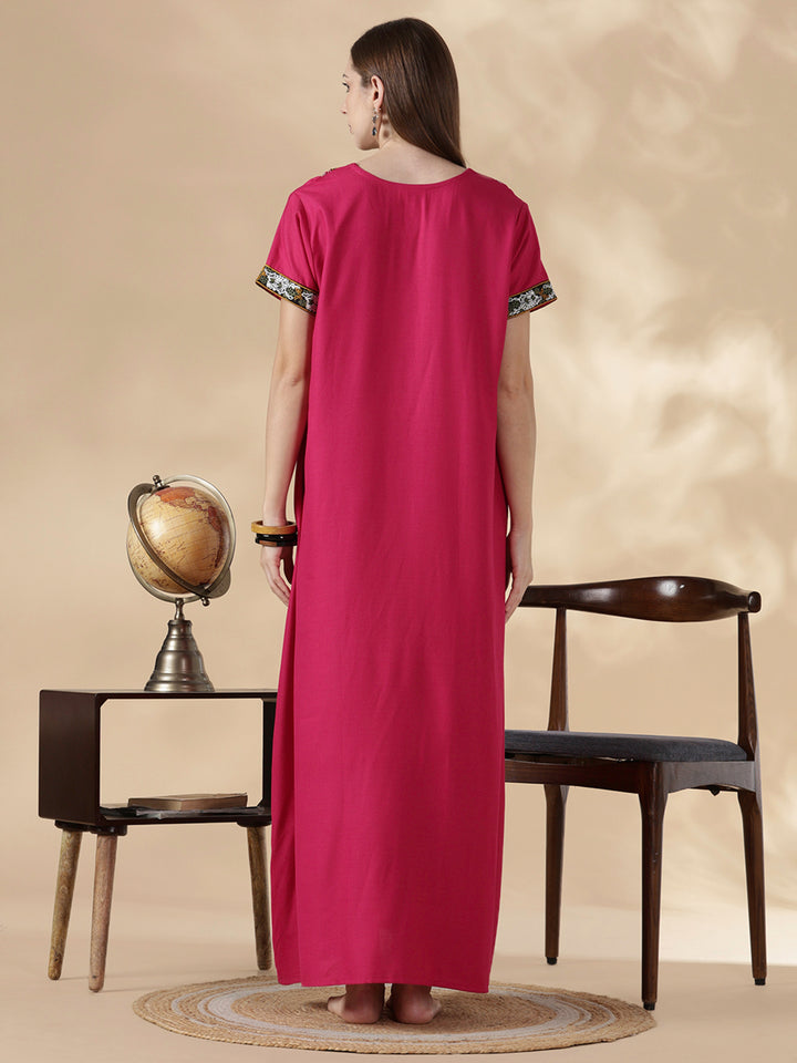 Heritage style alpine embroidered womens pink nighty dress