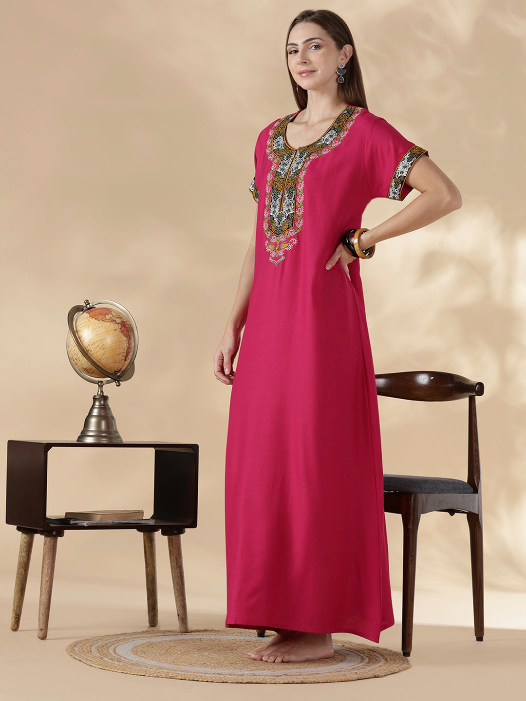 Heritage style alpine embroidered womens pink nighty dress