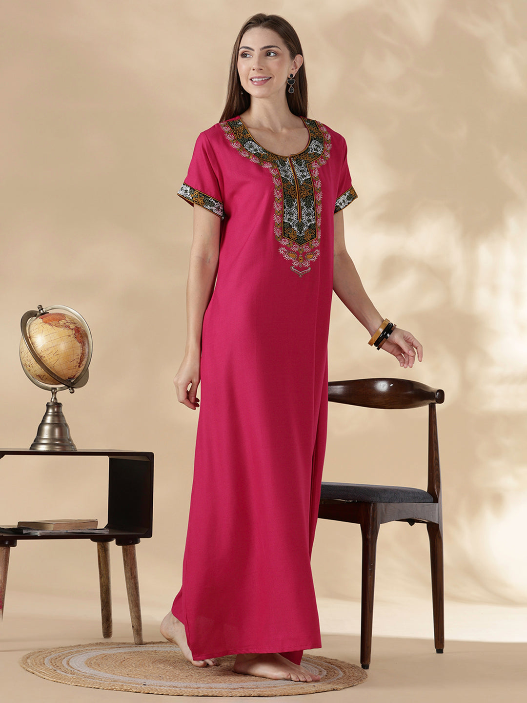 Heritage style alpine embroidered womens pink nighty dress