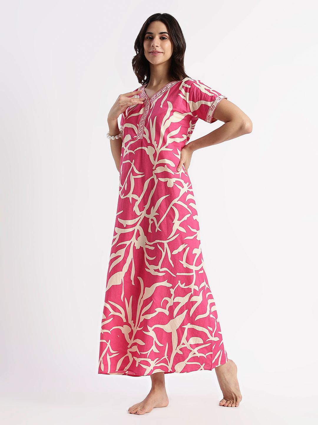 Pink pure cotton leaf print nighty for women