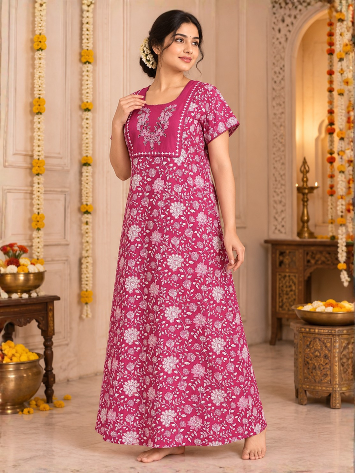 Pink vine print cotton nighty dress for women online