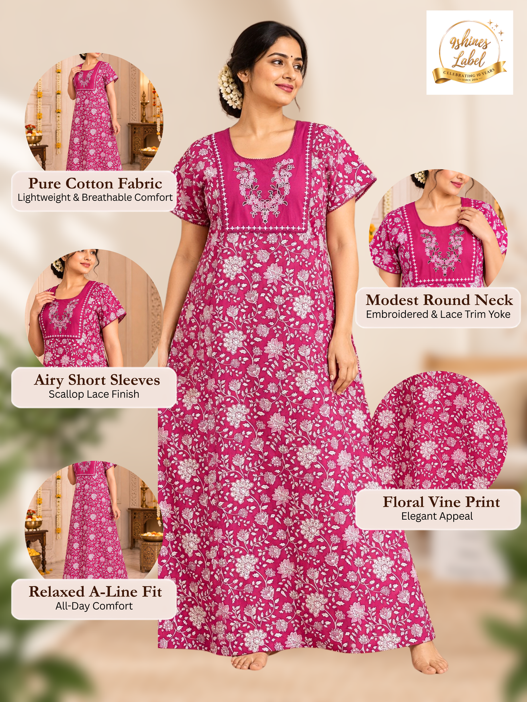 Pink vine print cotton nighty dress for women online