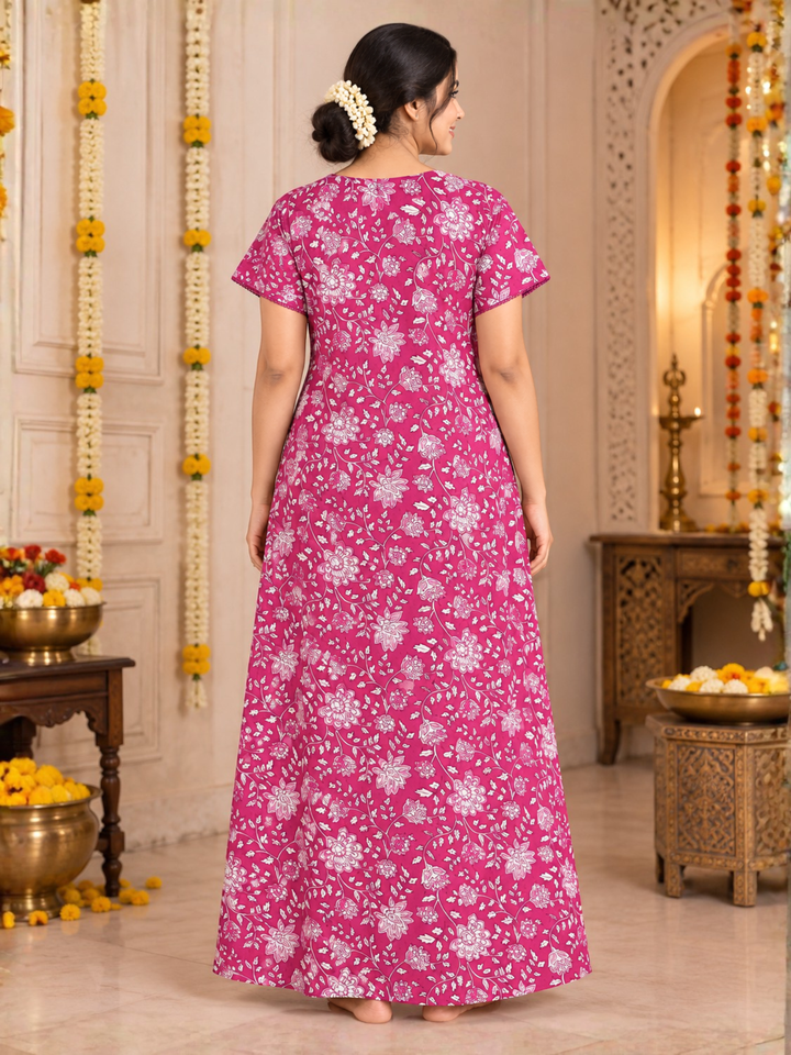 Pink vine print cotton nighty dress for women online