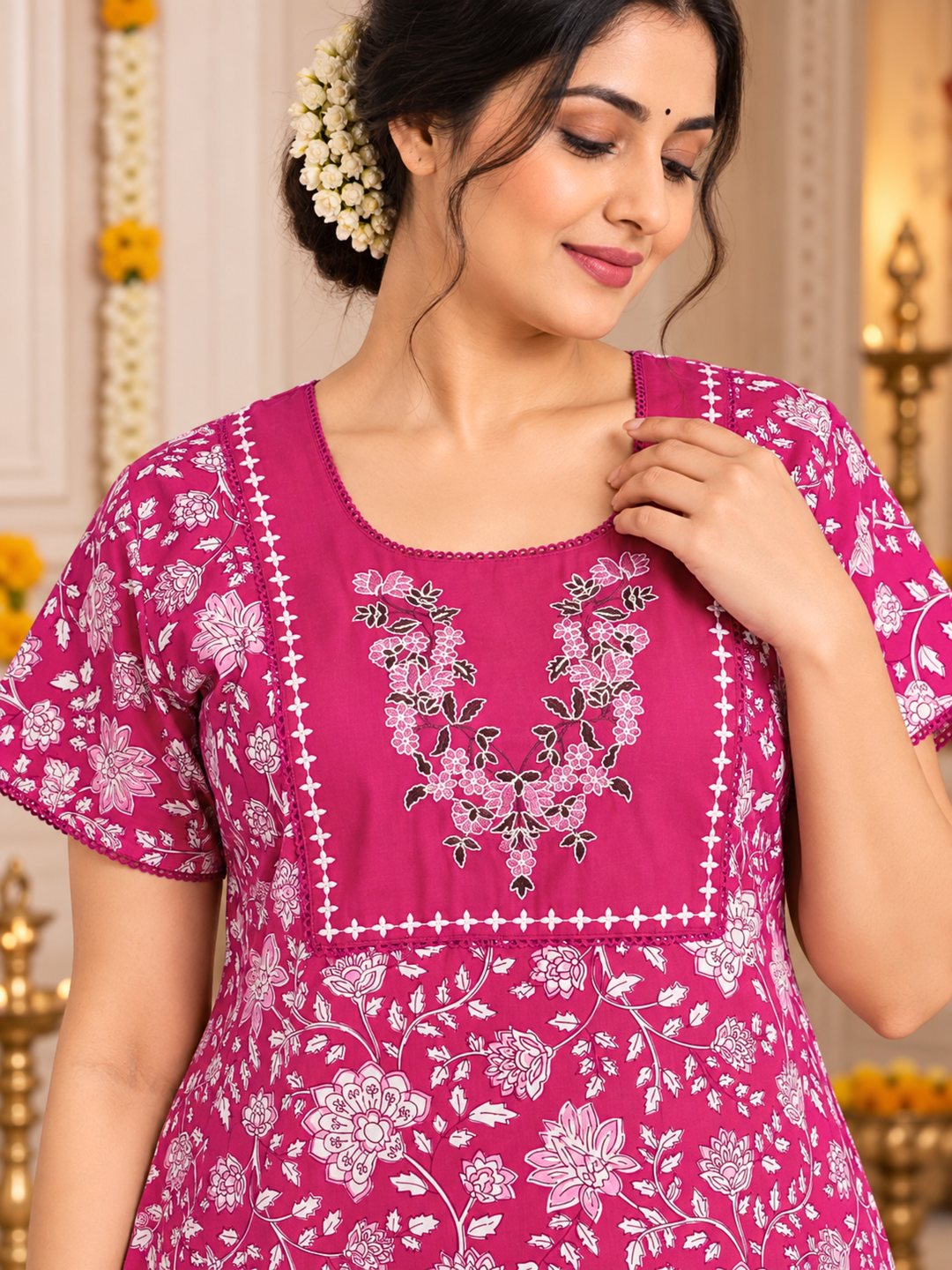Pink vine print cotton nighty dress for women online