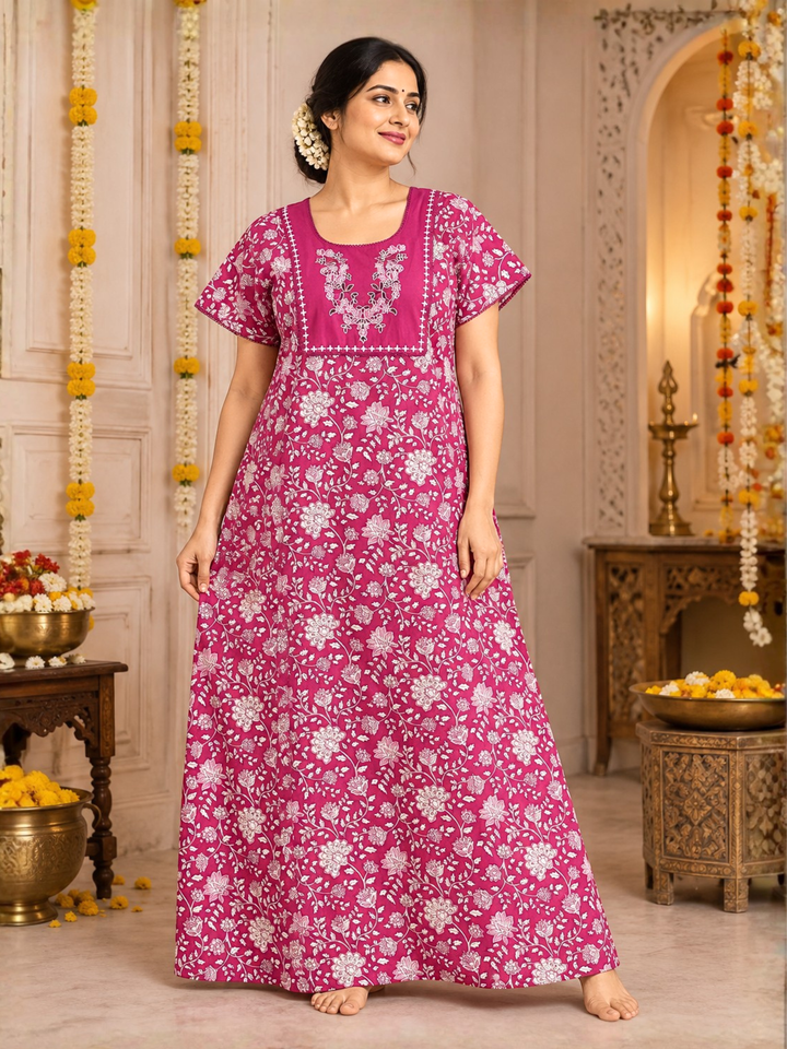Pink vine print cotton nighty dress for women online