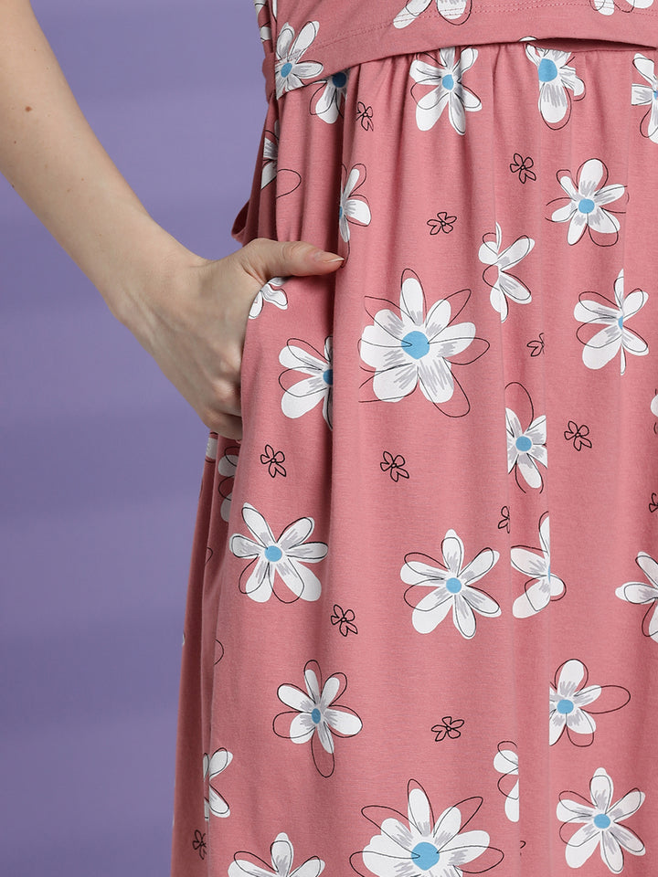 Pink daisy maternity and feeding nighty for women