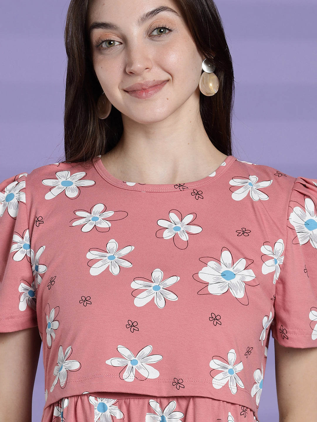 Pink daisy maternity and feeding nighty for women