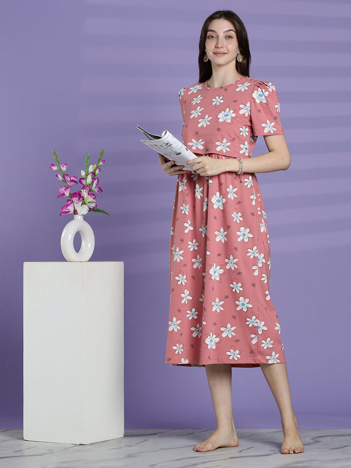 Pink daisy maternity and feeding nighty for women