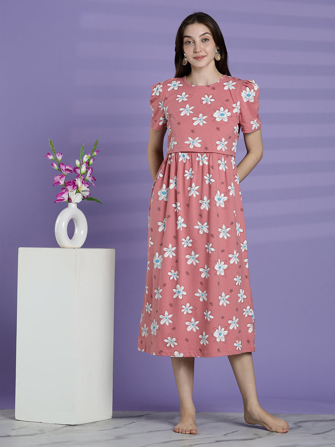 Pink daisy maternity and feeding nighty for women