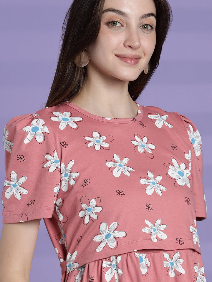 Pink daisy maternity and feeding nighty for women