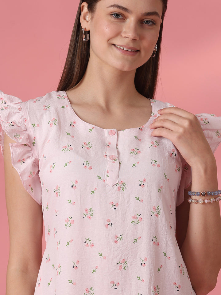 Pastel pink floral crush cotton short nighty for women