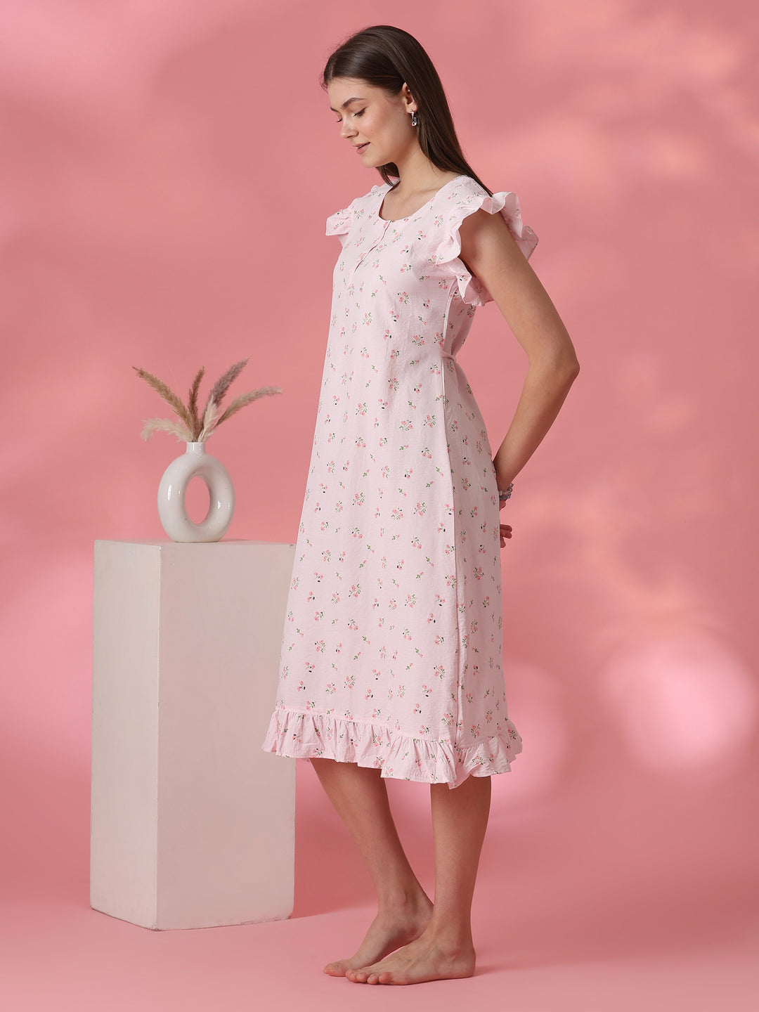 Pastel pink floral crush cotton short nighty for women