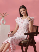 Rose Motif Crush Cotton Nightdress for Women in Rosy Pink