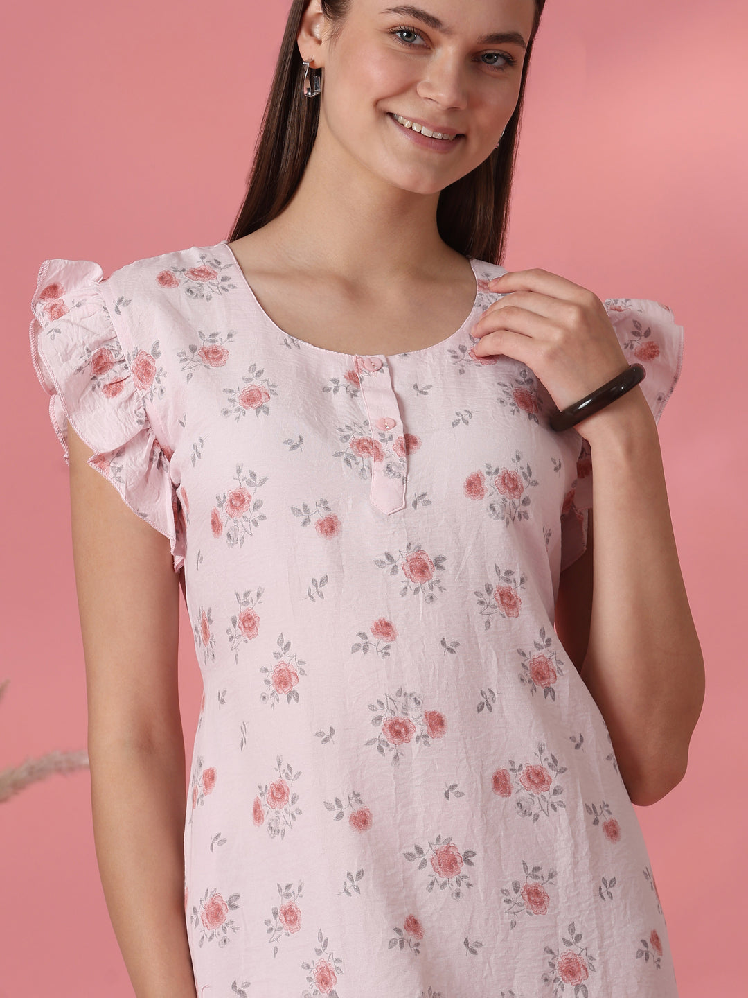 Rosy pink rose motif crush cotton short nighty for women