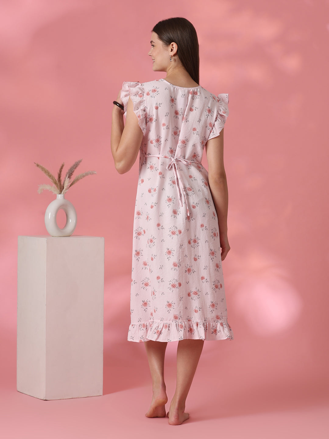 Rosy pink rose motif crush cotton short nighty for women