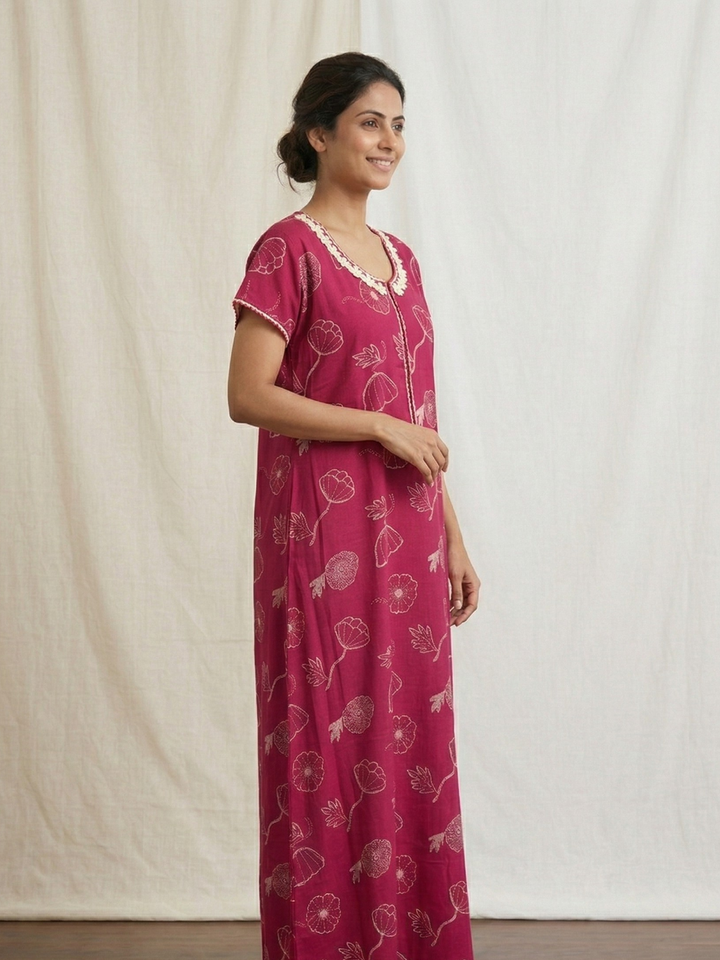 Daisy pink alpine floral a-line front open nighty