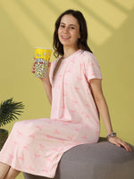Pink Bow Print Gloss Malai Nighty with Silky Smooth Feel