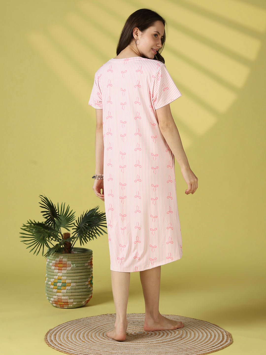 Pink bow print gloss malai short nighty dress for women