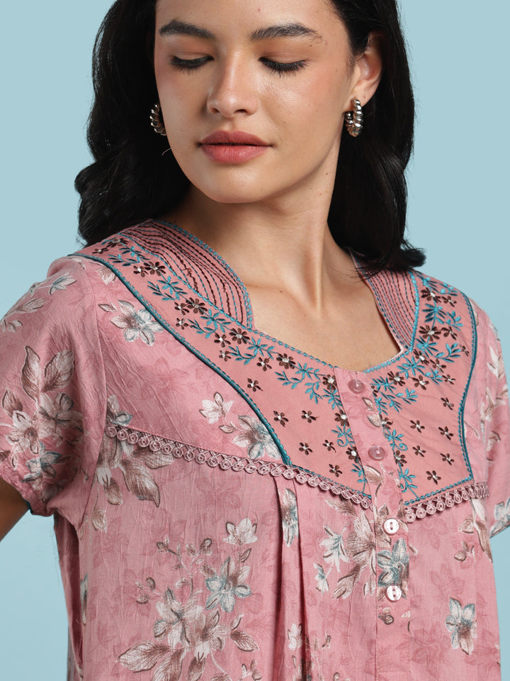 Floral cotton night wear gown for women with side pocket
