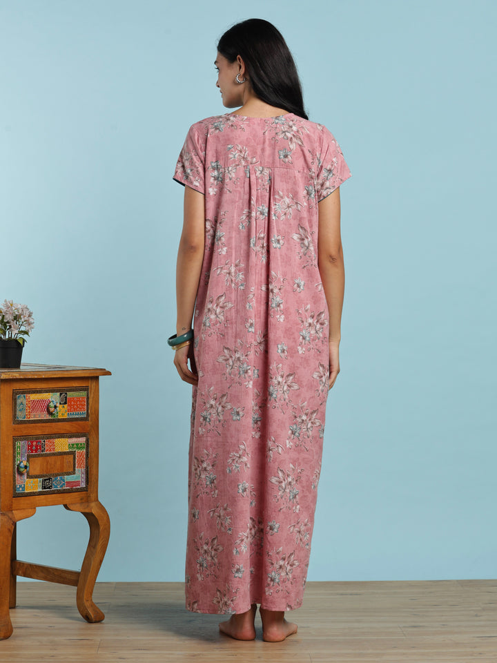 Floral cotton night wear gown for women with side pocket