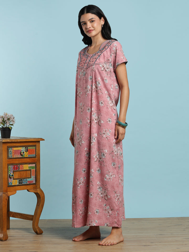Floral cotton night wear gown for women with side pocket