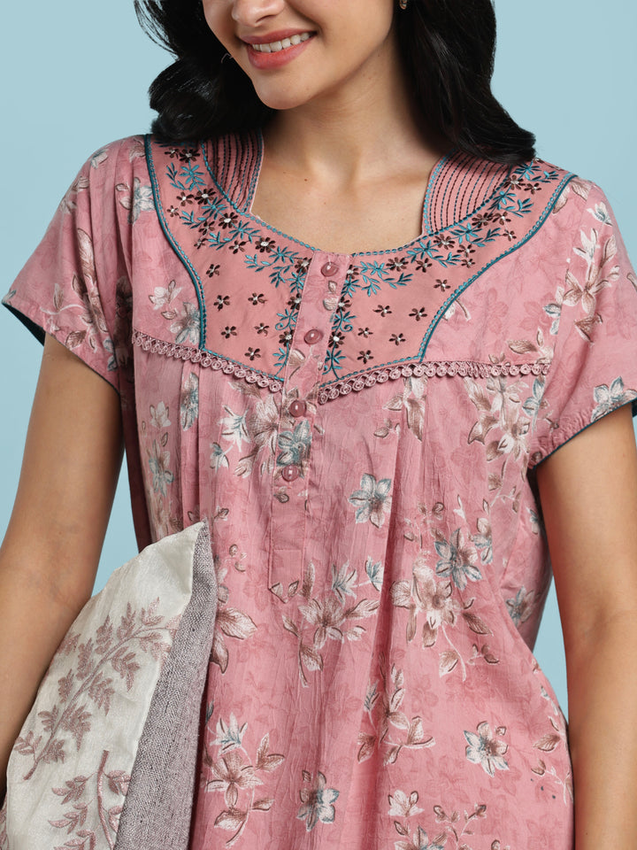 Floral cotton night wear gown for women with side pocket