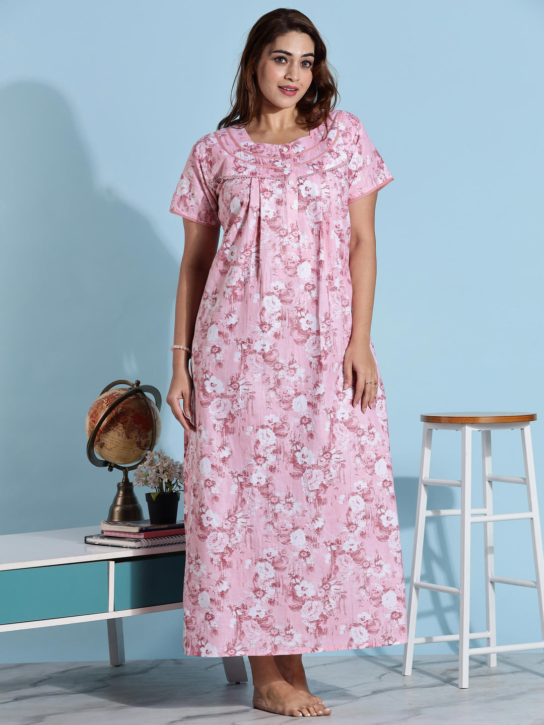 Pink floral branded pure cotton nighty for ladies