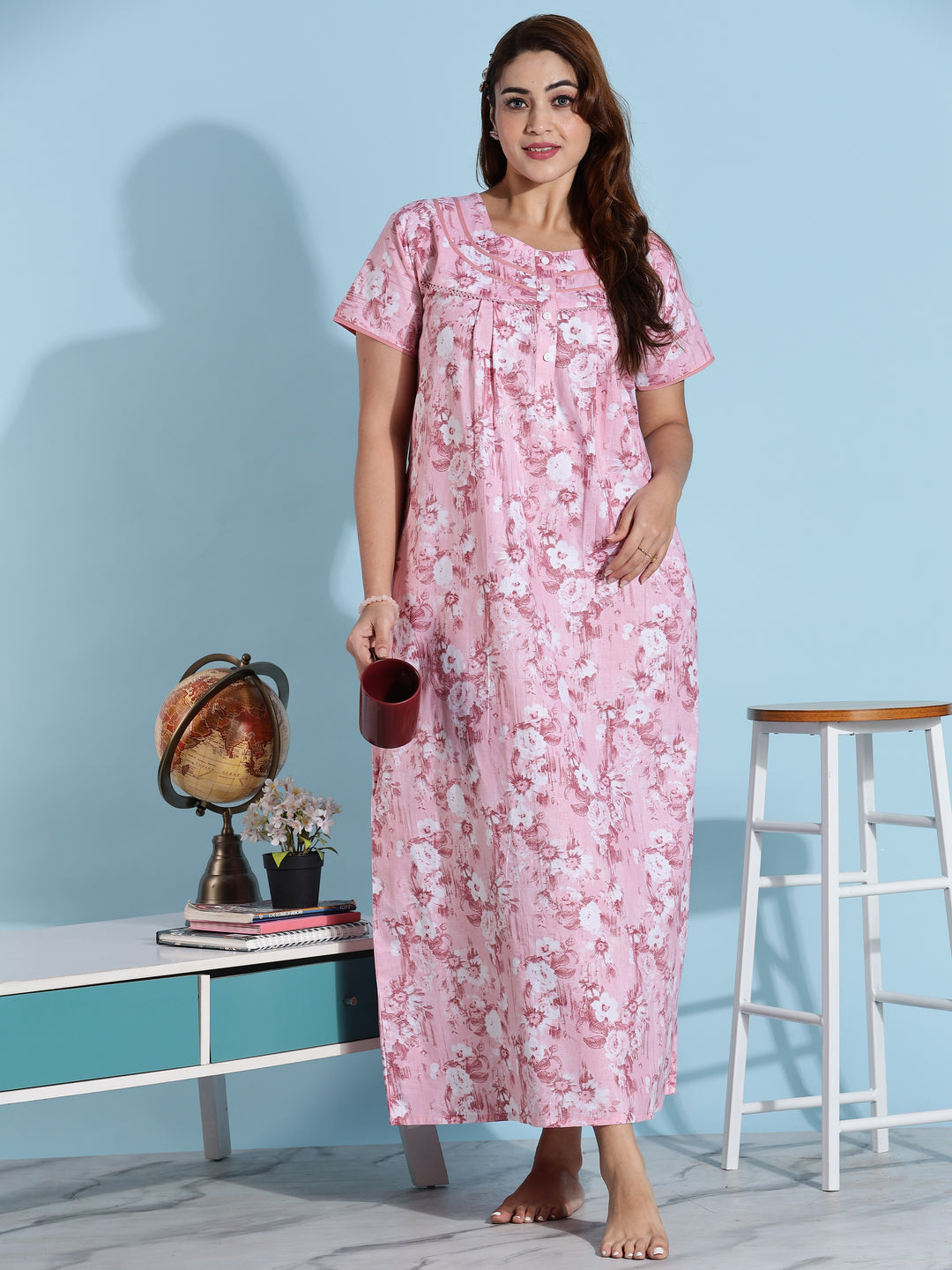 Pink floral branded pure cotton nighty for ladies
