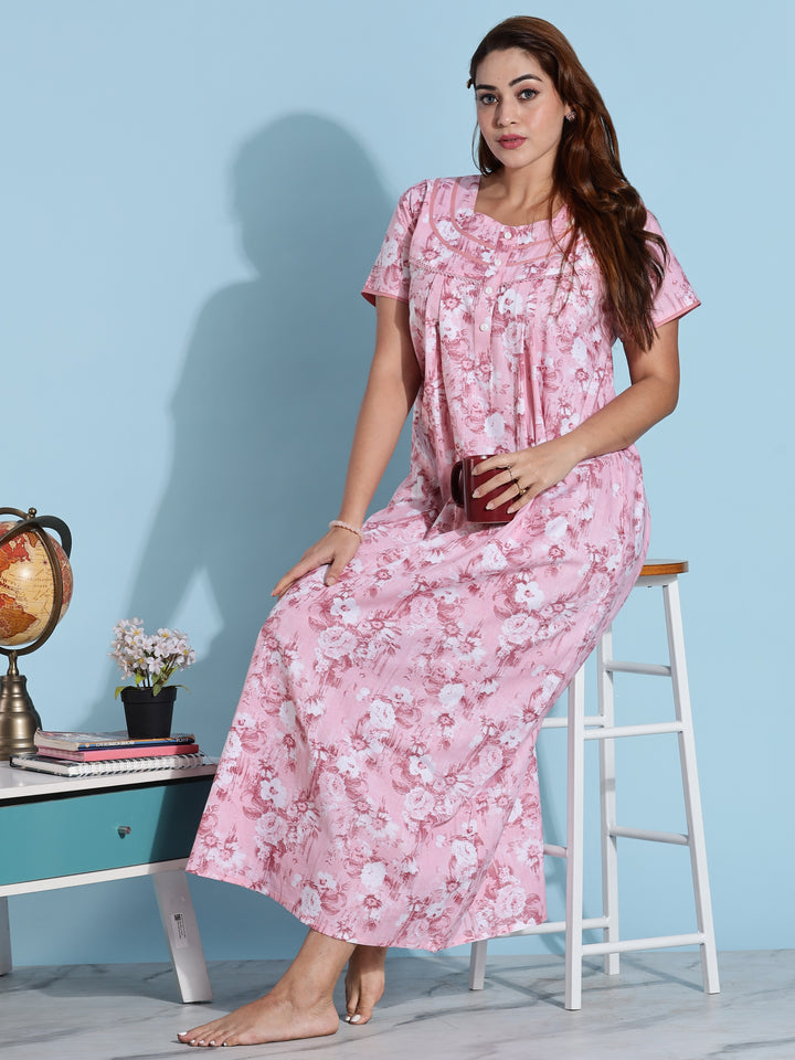 Pink floral branded pure cotton nighty for ladies