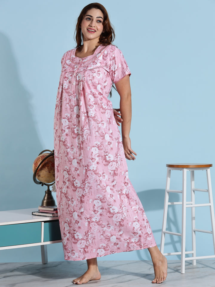 Pink floral branded pure cotton nighty for ladies