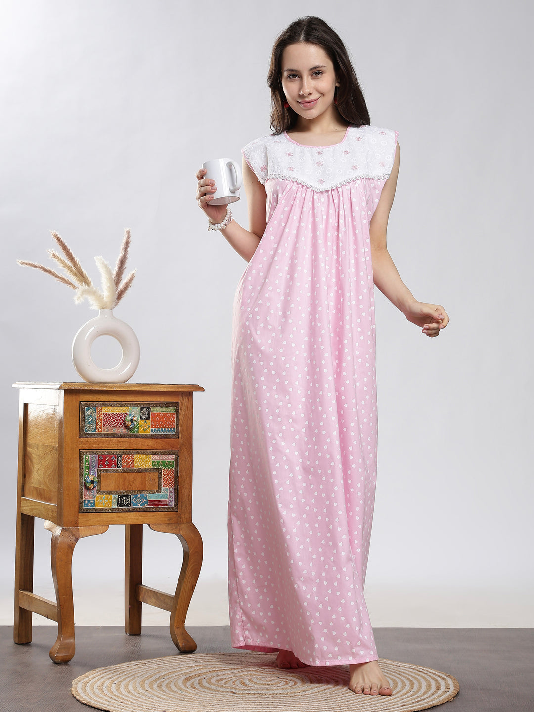 Soft pink sleeveless cotton night dress for women