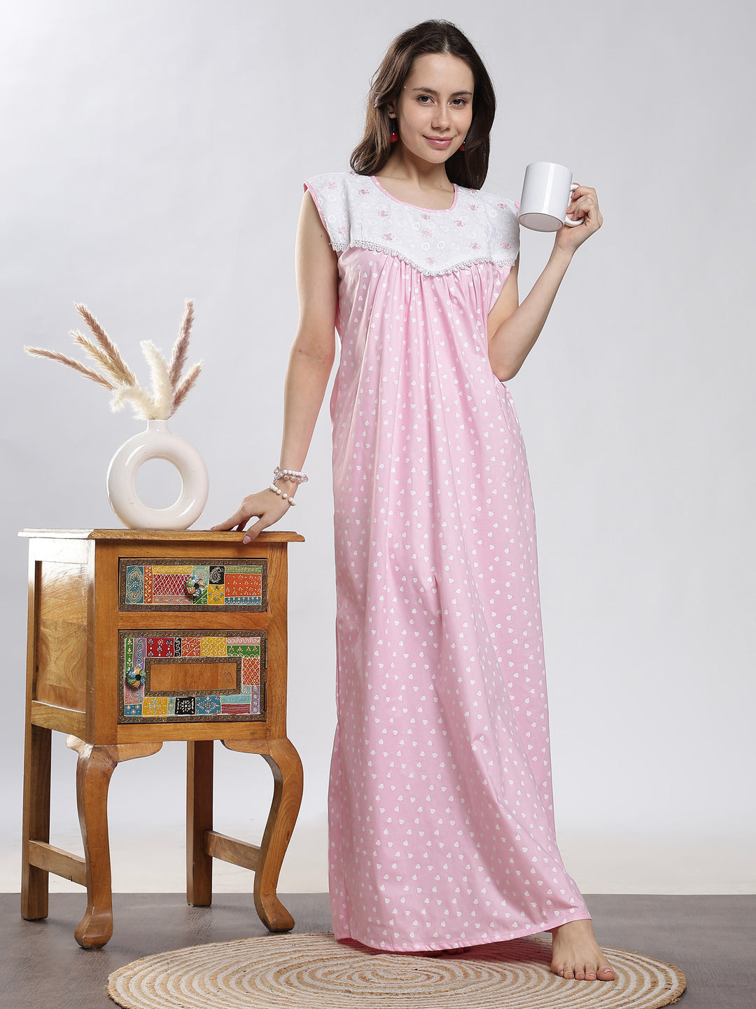 Soft pink sleeveless cotton night dress for women