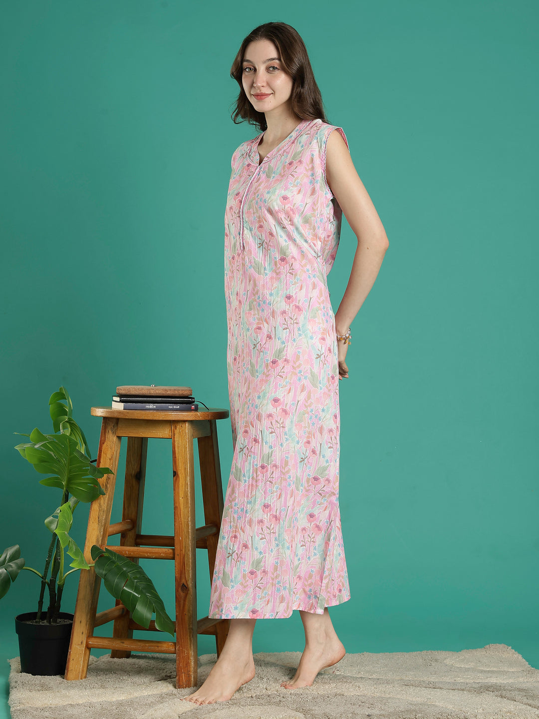 Pastel pink bamboo cotton sleeveless night dress for women