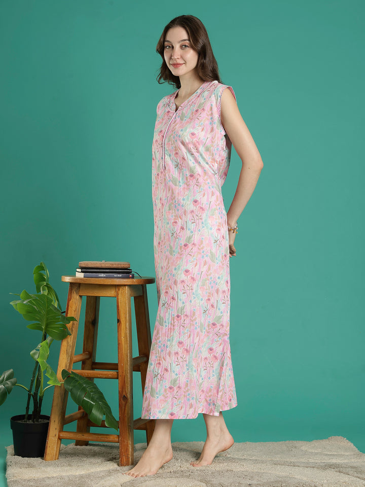 Pastel pink bamboo cotton sleeveless night dress for women