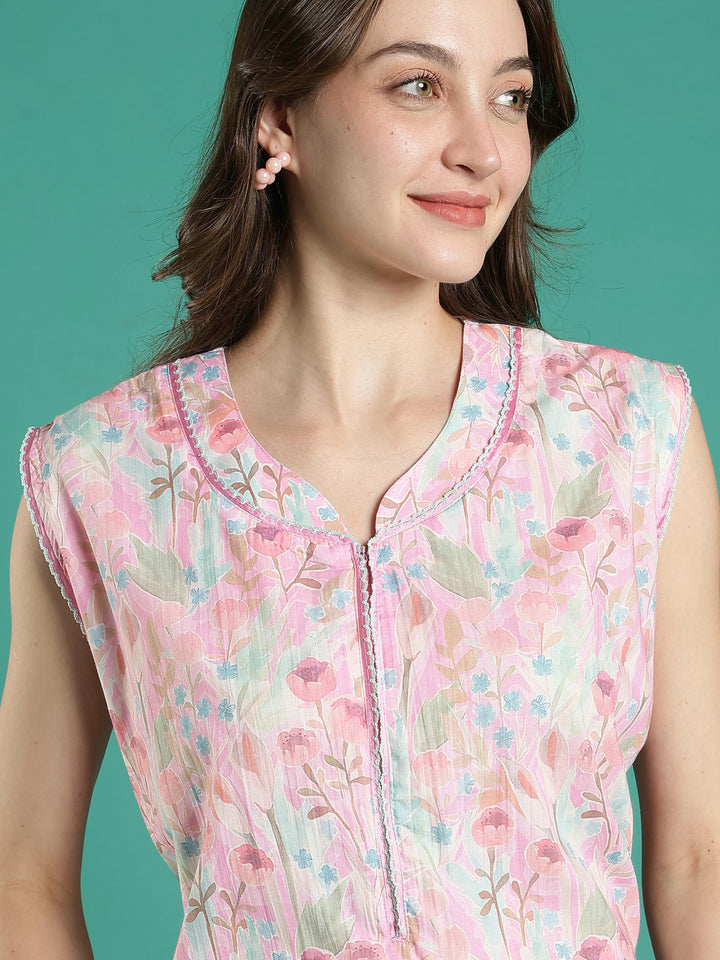 Pastel pink bamboo cotton sleeveless night dress for women