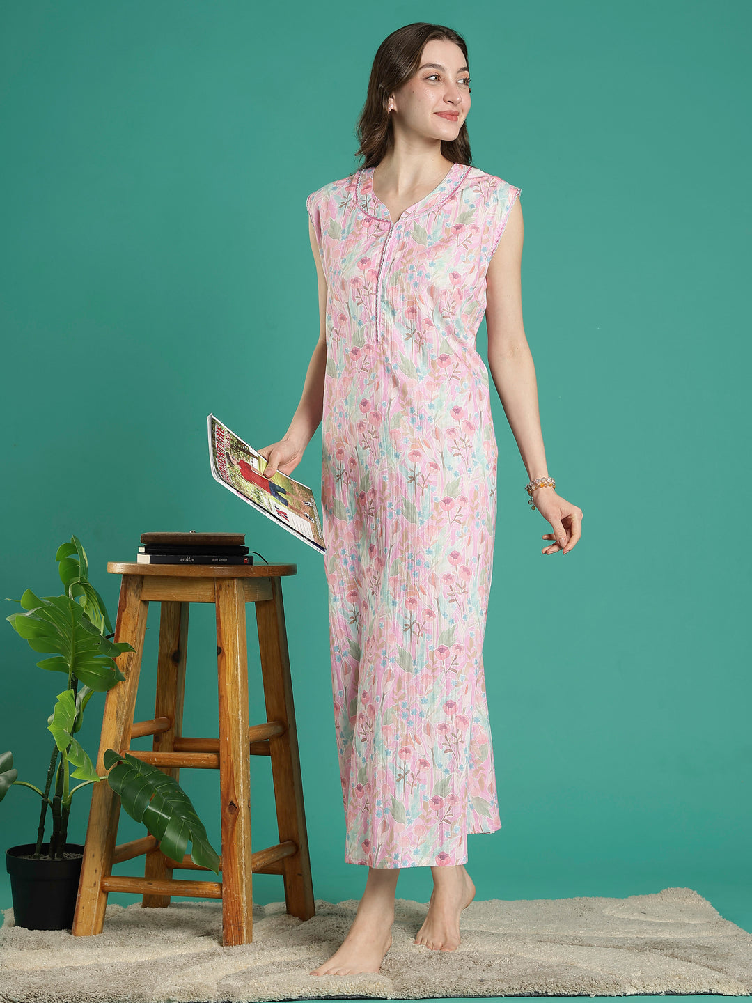 Pastel pink bamboo cotton sleeveless night dress for women