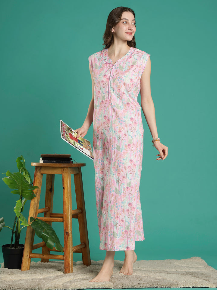 Pastel pink bamboo cotton sleeveless night dress for women